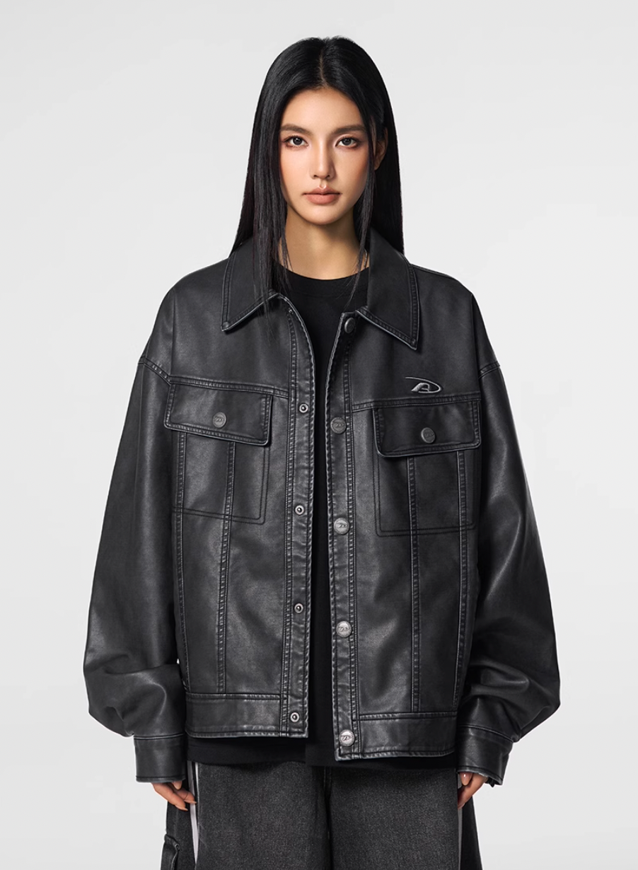 Achock Washed Leather Denim Jacket | Face 3 Face