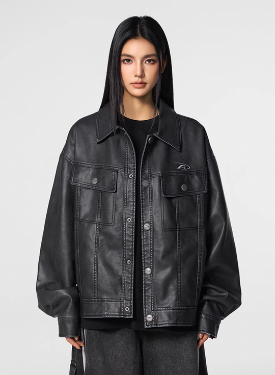 Achock Washed Leather Denim Jacket | Face 3 Face