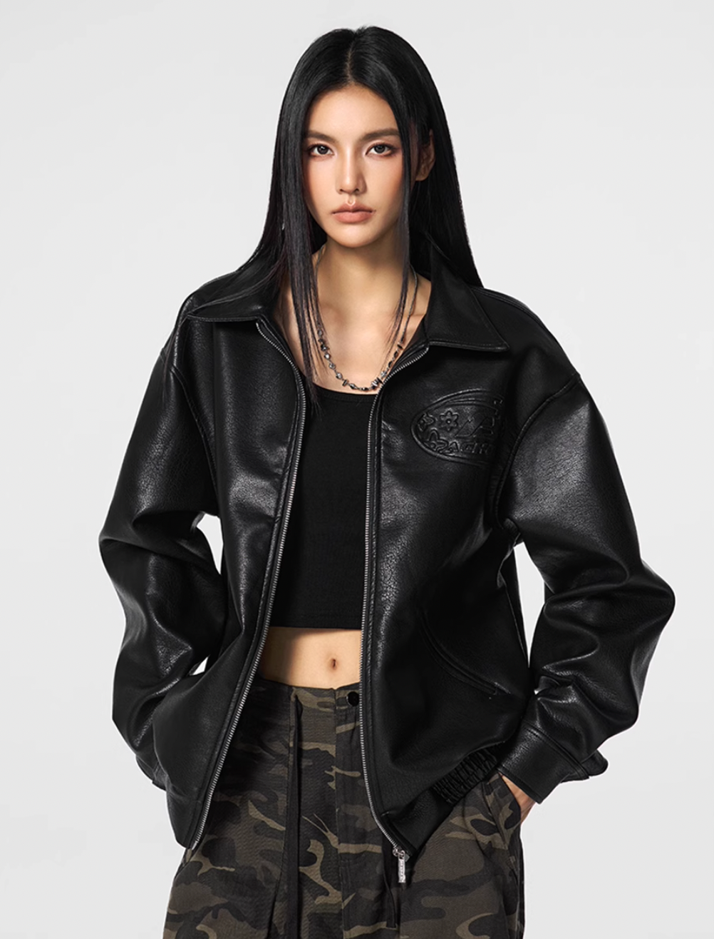 Achock Steel Embossed Logo Leather Jacket | Face 3 Face