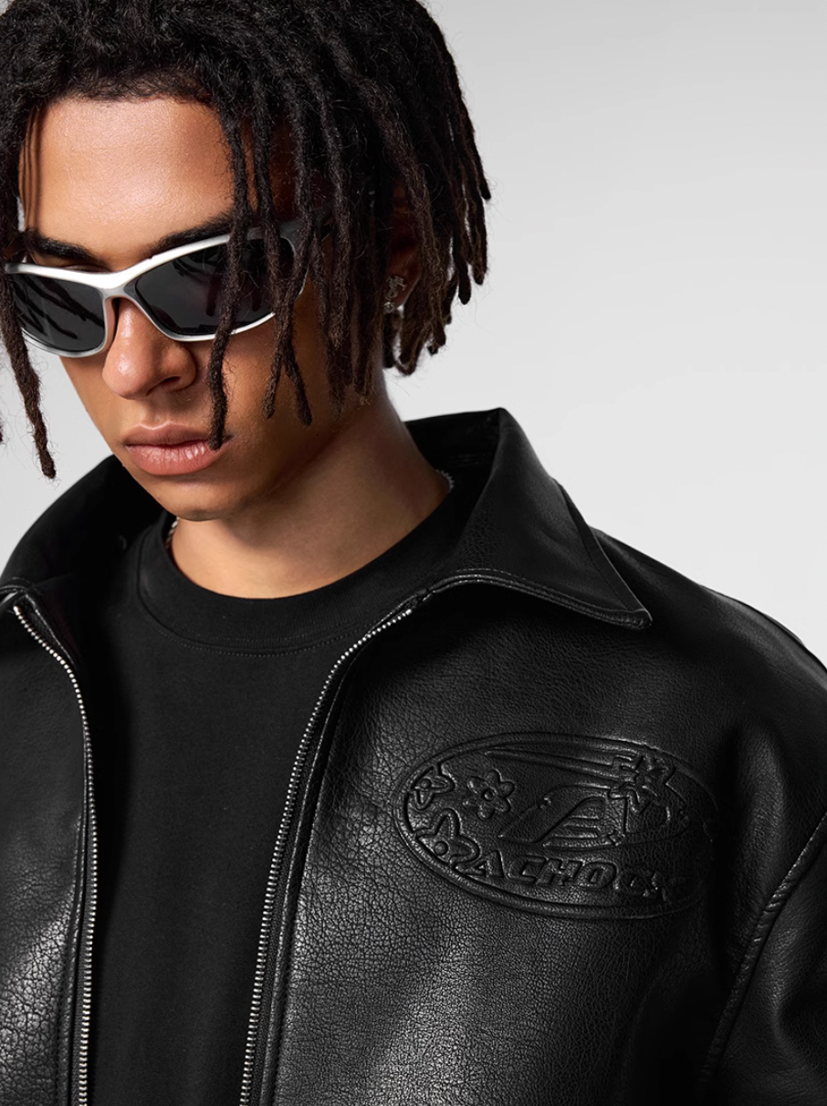 Achock Steel Embossed Logo Leather Jacket | Face 3 Face