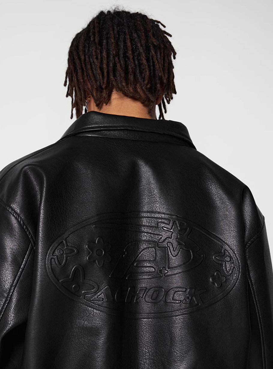 Achock Steel Embossed Logo Leather Jacket | Face 3 Face