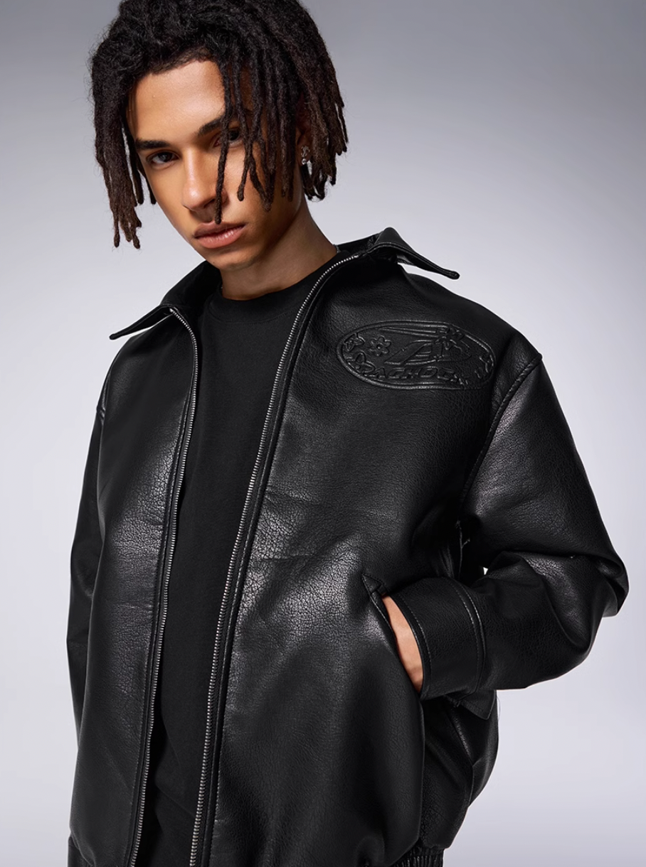 Achock Steel Embossed Logo Leather Jacket | Face 3 Face