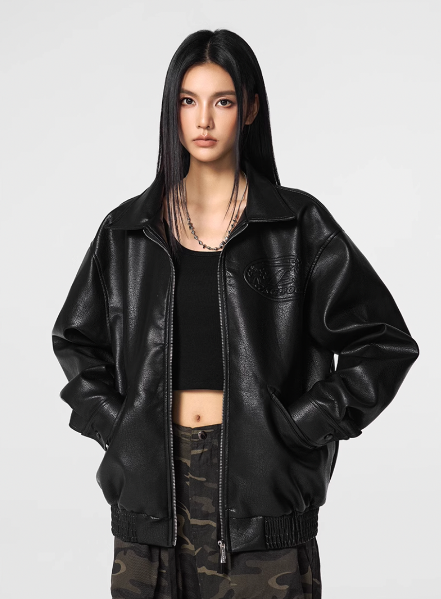 Achock Steel Embossed Logo Leather Jacket | Face 3 Face