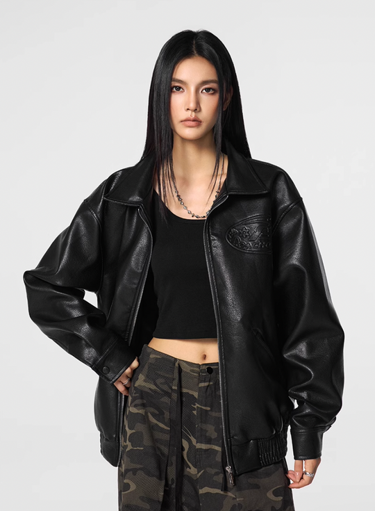 Achock Steel Embossed Logo Leather Jacket | Face 3 Face