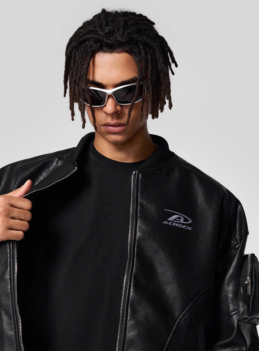 Achock Sleeve Pocket Leather Motorcycle Jacket | Face 3 Face