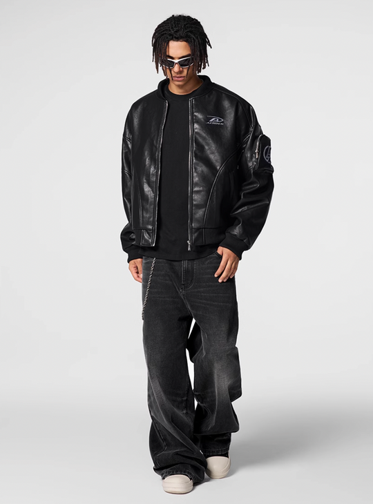 Achock Sleeve Pocket Leather Motorcycle Jacket | Face 3 Face