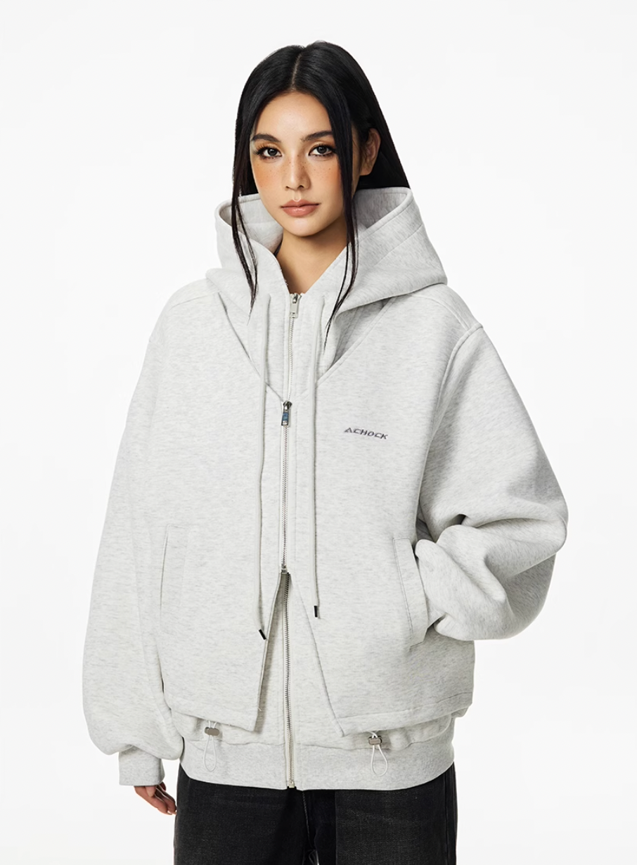 Achock Layered Double Zip Hooded Sweatshirt Jacket | Face 3 Face