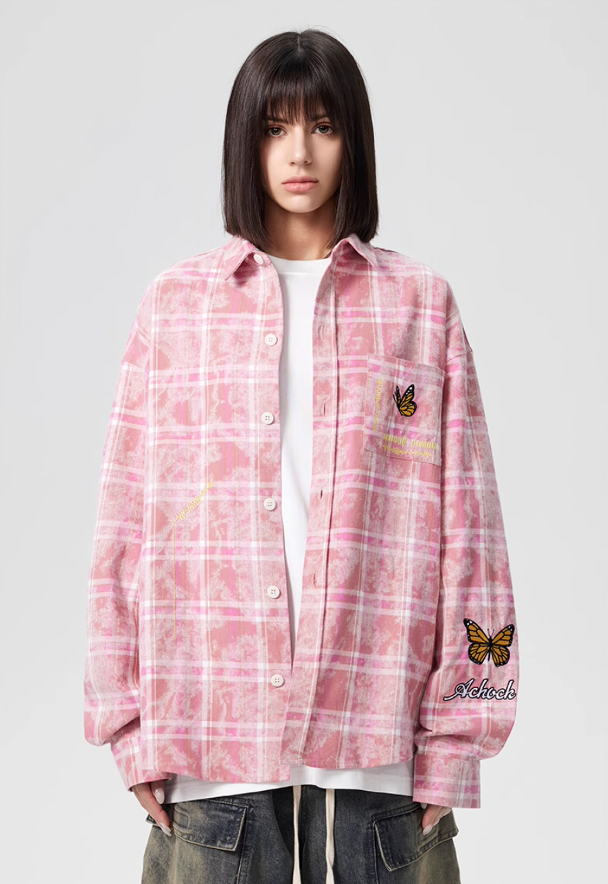Achock Washed Plaid Butterfly Embroidery Long Sleeved Shirt | Face 3 Face