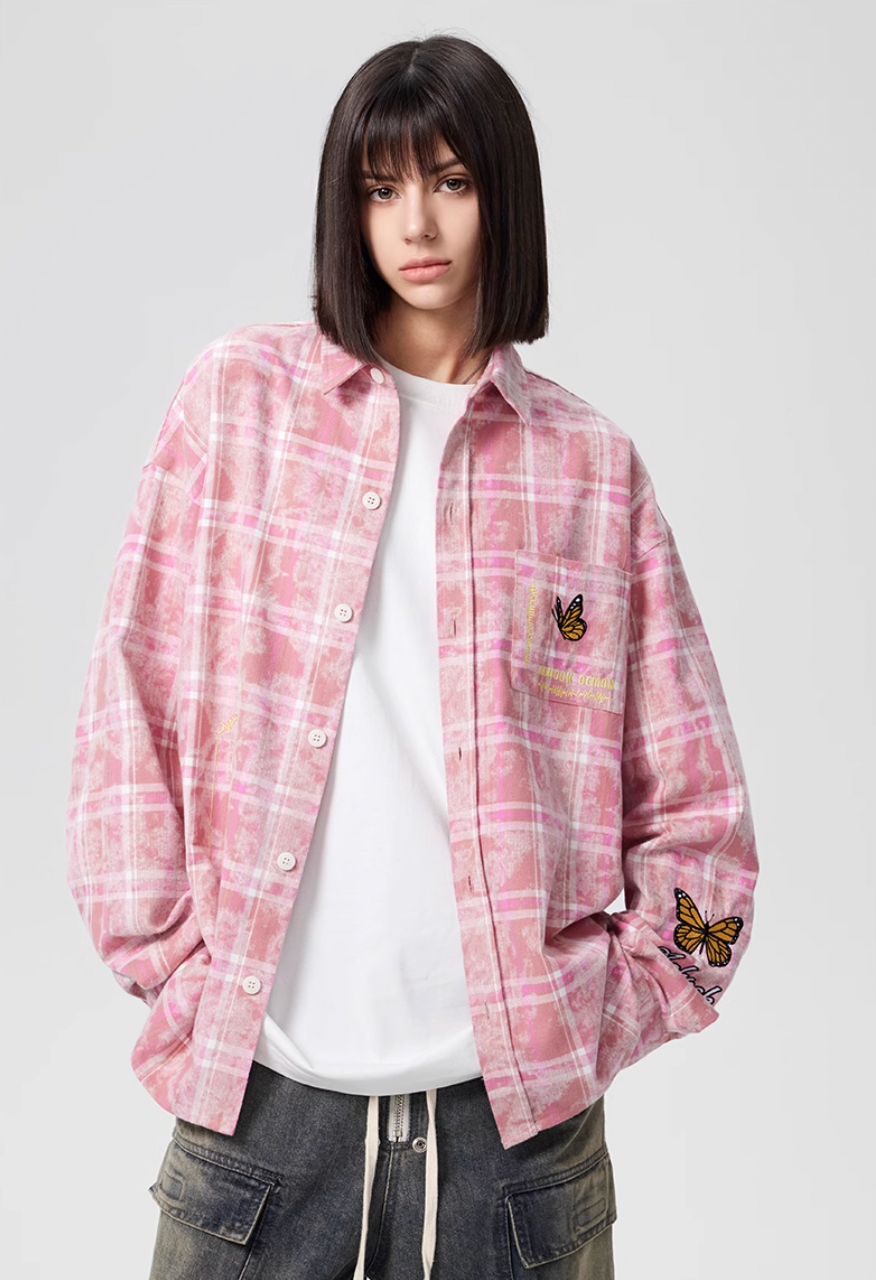 Achock Washed Plaid Butterfly Embroidery Long Sleeved Shirt | Face 3 Face