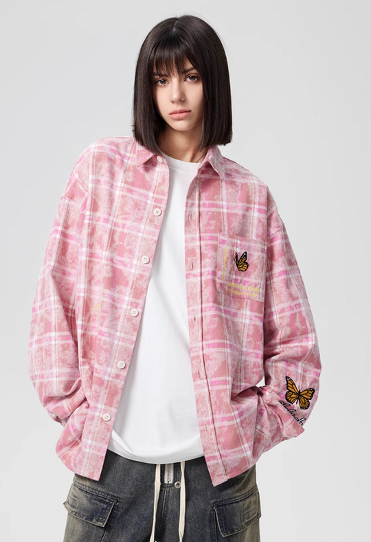 Achock Washed Plaid Butterfly Embroidery Long Sleeved Shirt | Face 3 Face