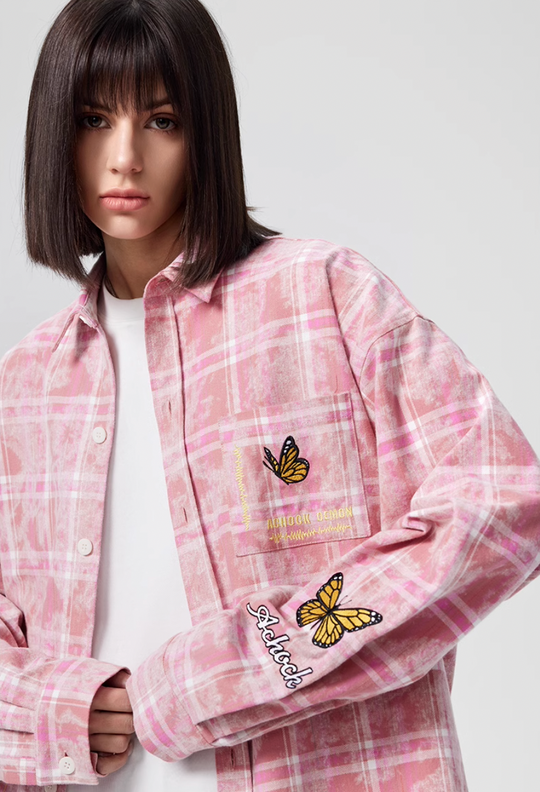 Achock Washed Plaid Butterfly Embroidery Long Sleeved Shirt | Face 3 Face