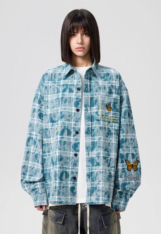 Achock Washed Plaid Butterfly Embroidery Long Sleeved Shirt | Face 3 Face