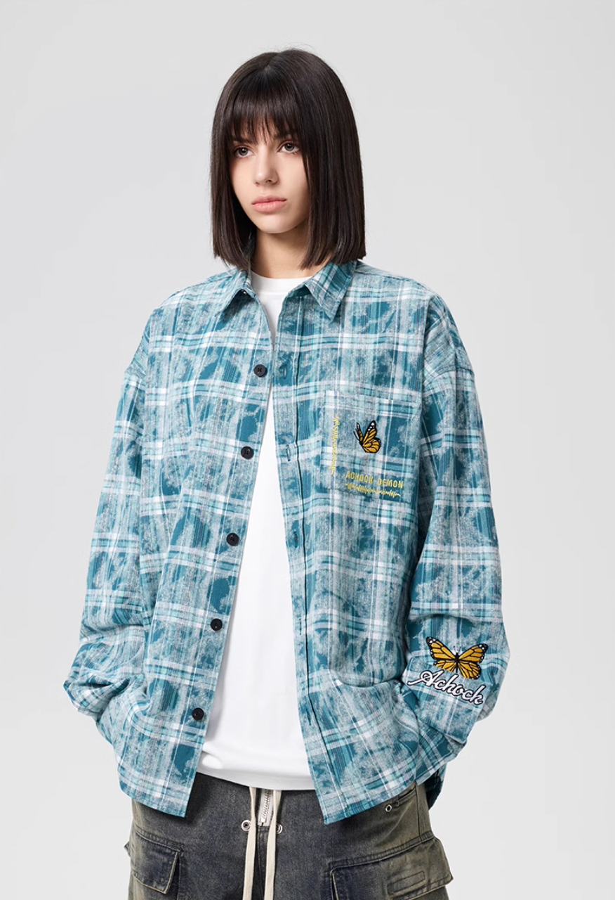 Achock Washed Plaid Butterfly Embroidery Long Sleeved Shirt | Face 3 Face