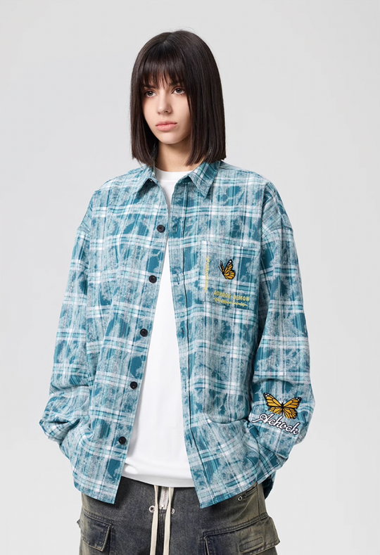 Achock Washed Plaid Butterfly Embroidery Long Sleeved Shirt | Face 3 Face
