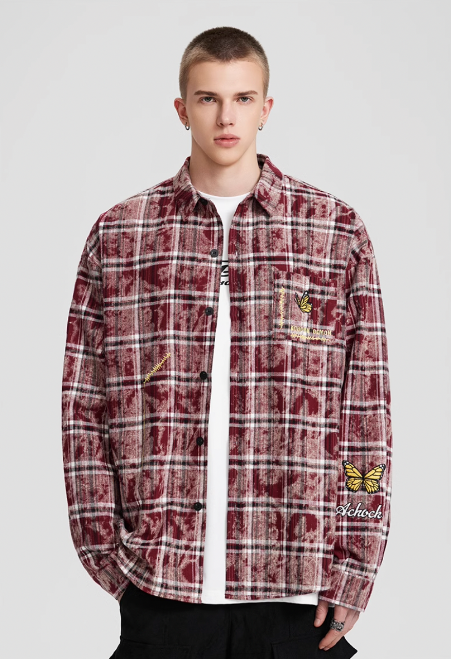 Achock Washed Plaid Butterfly Embroidery Long Sleeved Shirt | Face 3 Face