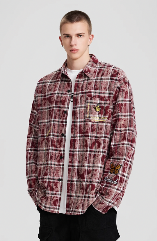 Achock Washed Plaid Butterfly Embroidery Long Sleeved Shirt | Face 3 Face