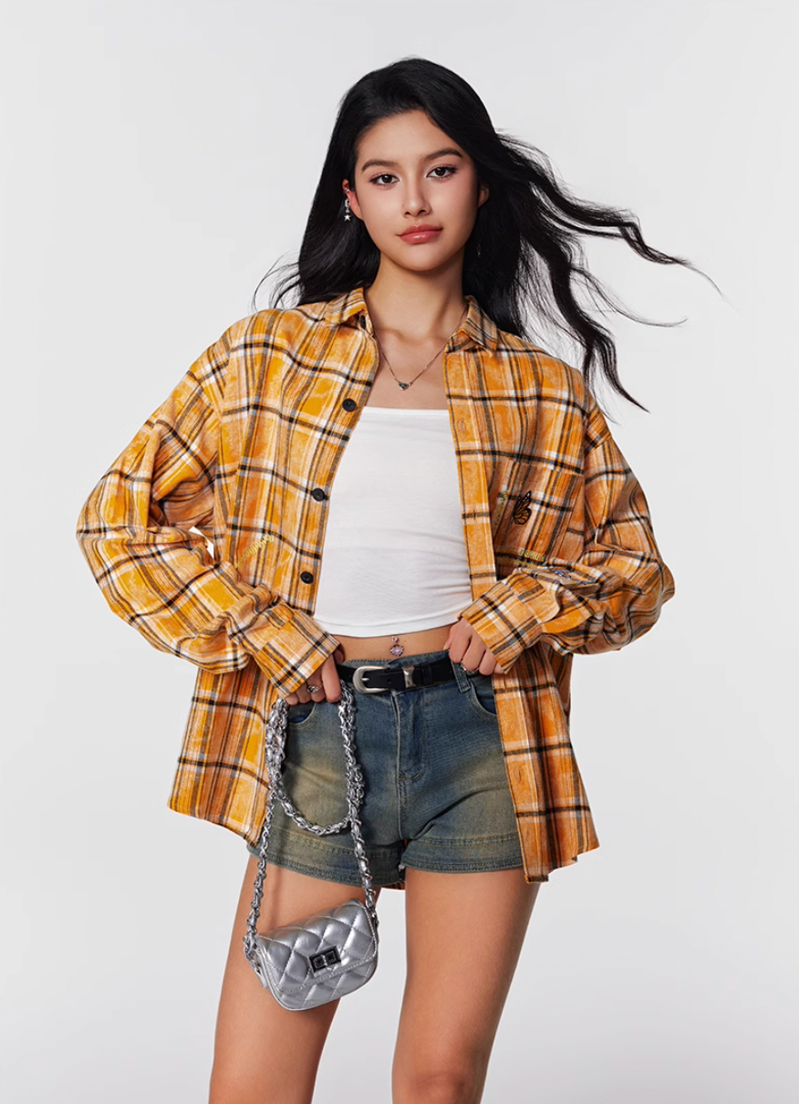 Achock Washed Plaid Butterfly Embroidery Long Sleeved Shirt | Face 3 Face