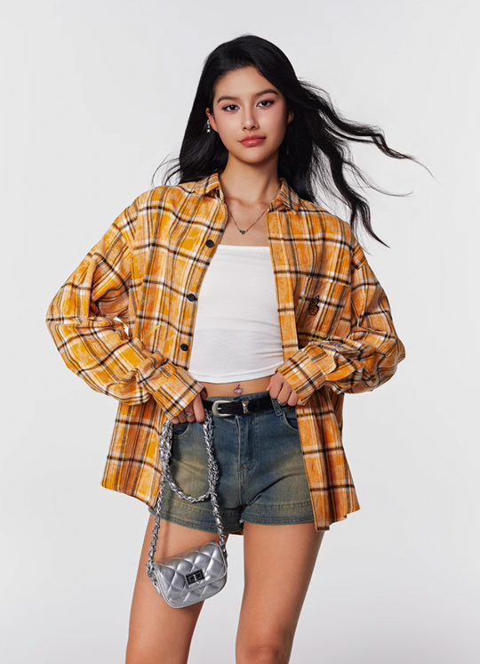 Achock Washed Plaid Butterfly Embroidery Long Sleeved Shirt | Face 3 Face