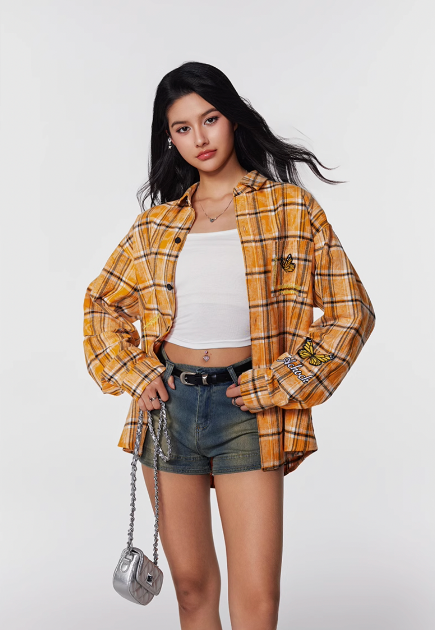 Achock Washed Plaid Butterfly Embroidery Long Sleeved Shirt | Face 3 Face