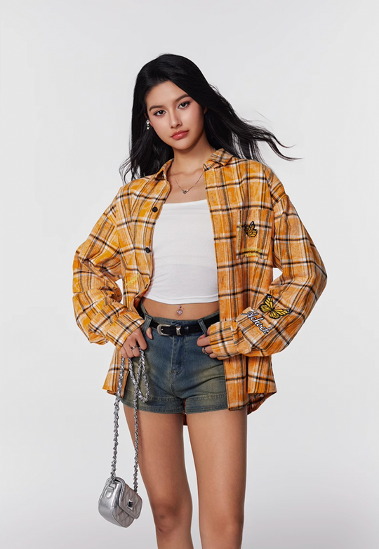 Achock Washed Plaid Butterfly Embroidery Long Sleeved Shirt | Face 3 Face