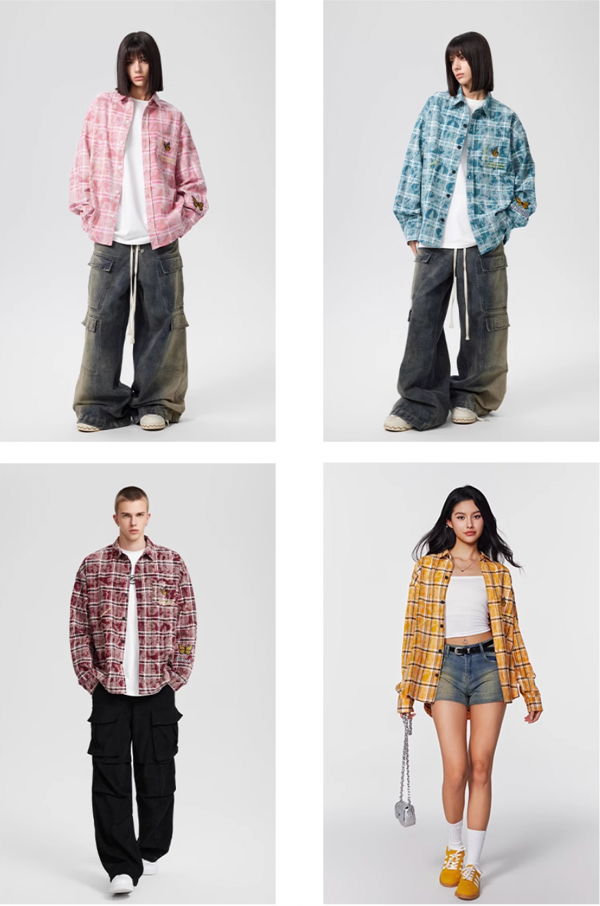 Achock Washed Plaid Butterfly Embroidery Long Sleeved Shirt | Face 3 Face