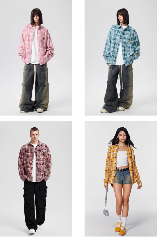 Achock Washed Plaid Butterfly Embroidery Long Sleeved Shirt | Face 3 Face