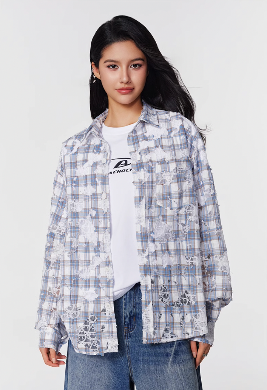 Achock Holes Lace Patches Plaid Long Sleeved Shirt | Face 3 Face
