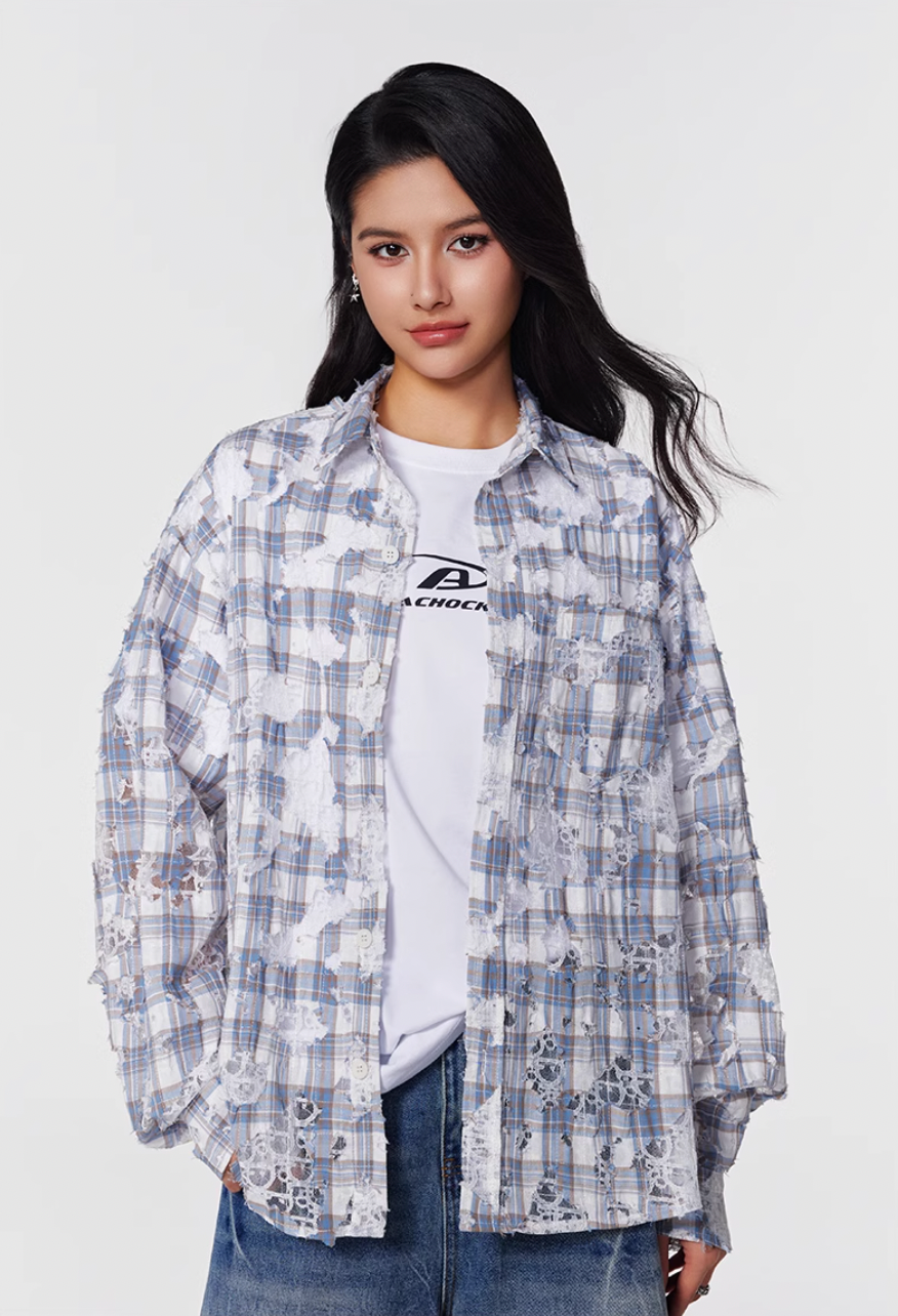 Achock Holes Lace Patches Plaid Long Sleeved Shirt | Face 3 Face