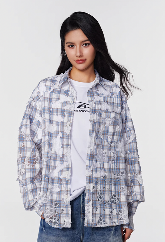 Achock Holes Lace Patches Plaid Long Sleeved Shirt | Face 3 Face