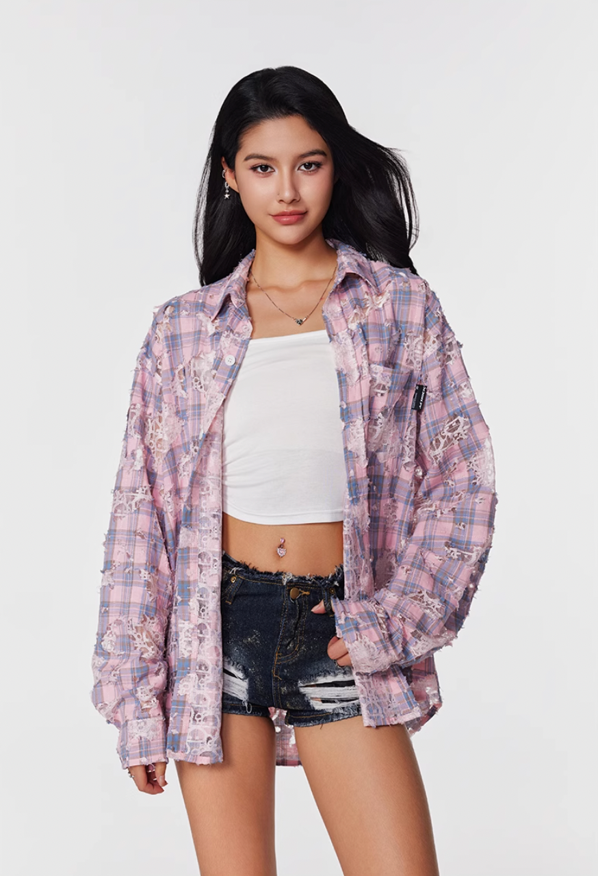 Achock Holes Lace Patches Plaid Long Sleeved Shirt | Face 3 Face