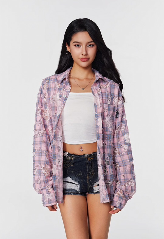 Achock Holes Lace Patches Plaid Long Sleeved Shirt | Face 3 Face