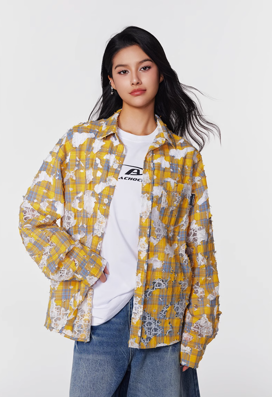 Achock Holes Lace Patches Plaid Long Sleeved Shirt | Face 3 Face