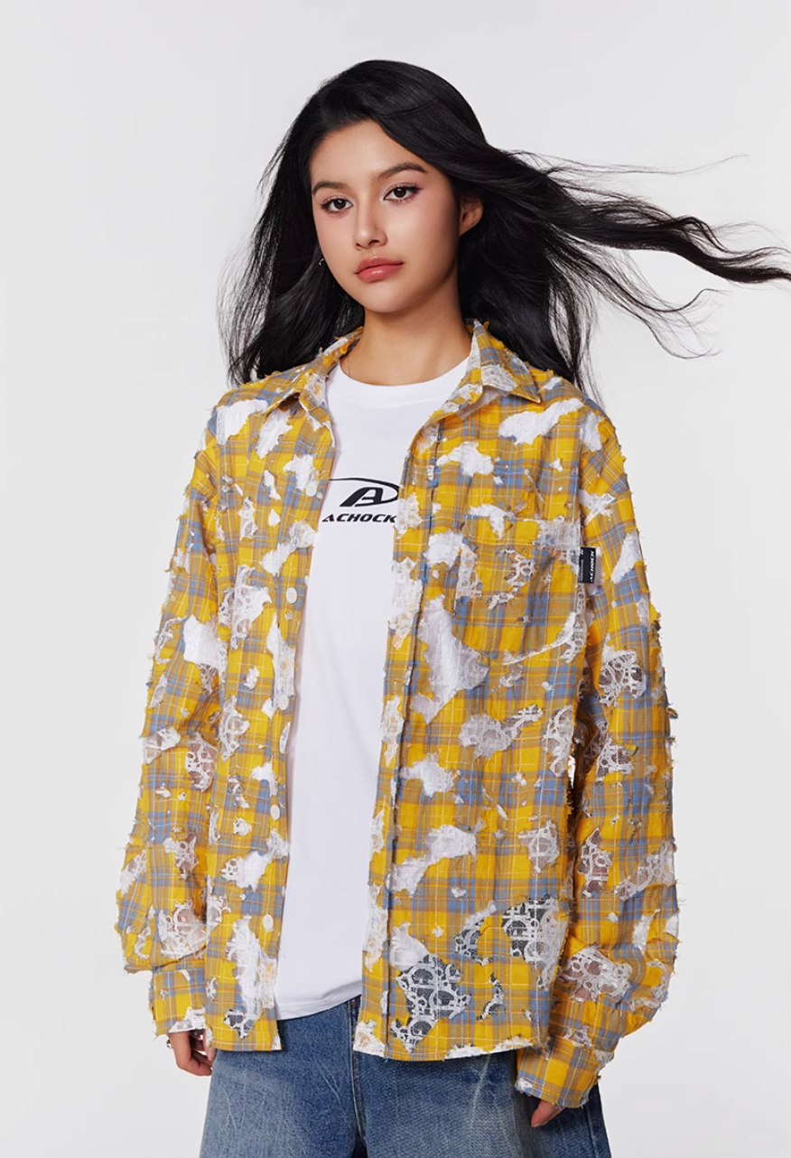 Achock Holes Lace Patches Plaid Long Sleeved Shirt | Face 3 Face