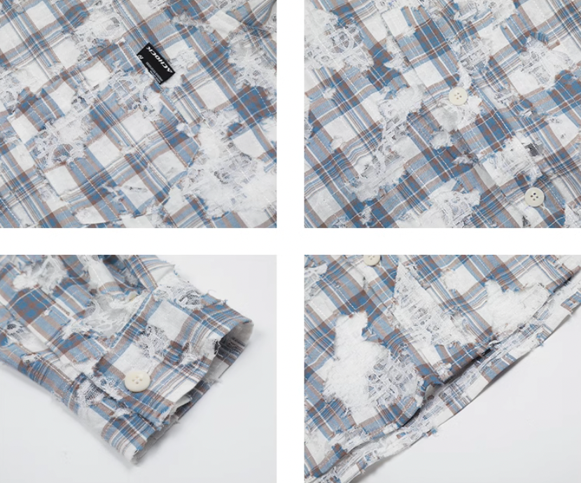 Achock Holes Lace Patches Plaid Long Sleeved Shirt | Face 3 Face