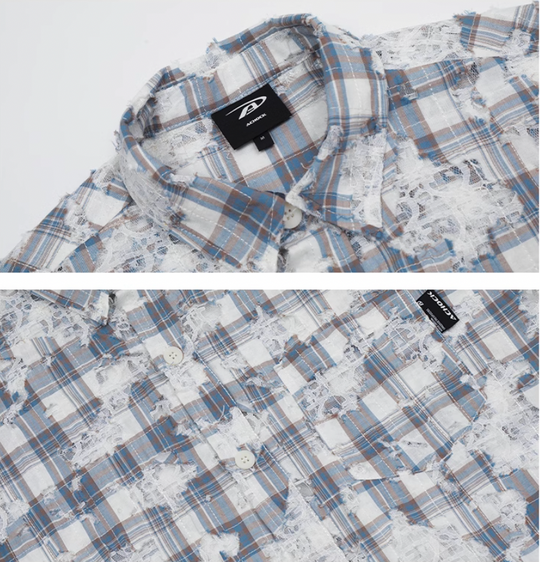Achock Holes Lace Patches Plaid Long Sleeved Shirt | Face 3 Face