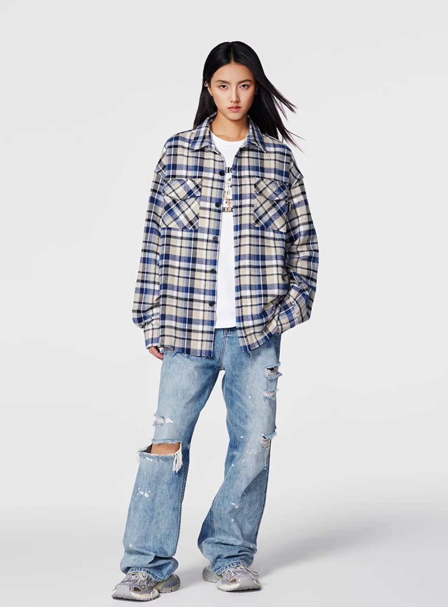 Achock Plaid Fringe Long Sleeved Flannel Shirt | Face 3 Face