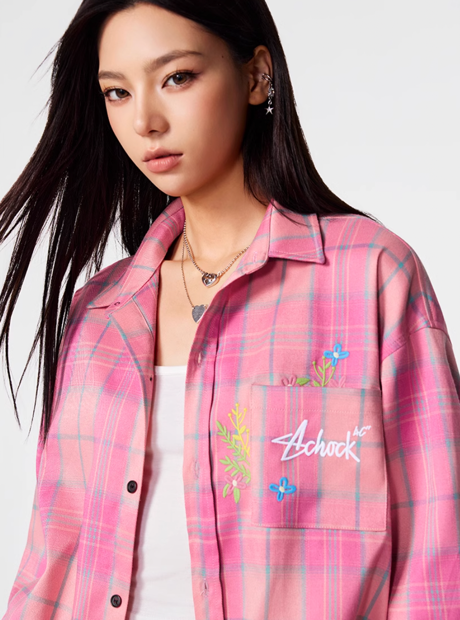 Achock Flower Embroidery Plaid Long Sleeved Shirt | Face 3 Face