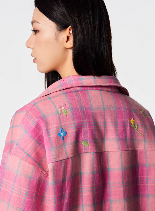 Achock Flower Embroidery Plaid Long Sleeved Shirt | Face 3 Face