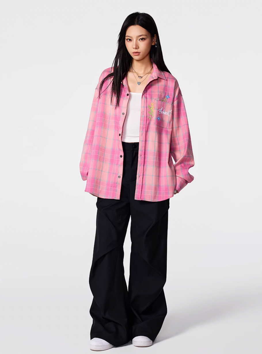 Achock Flower Embroidery Plaid Long Sleeved Shirt | Face 3 Face