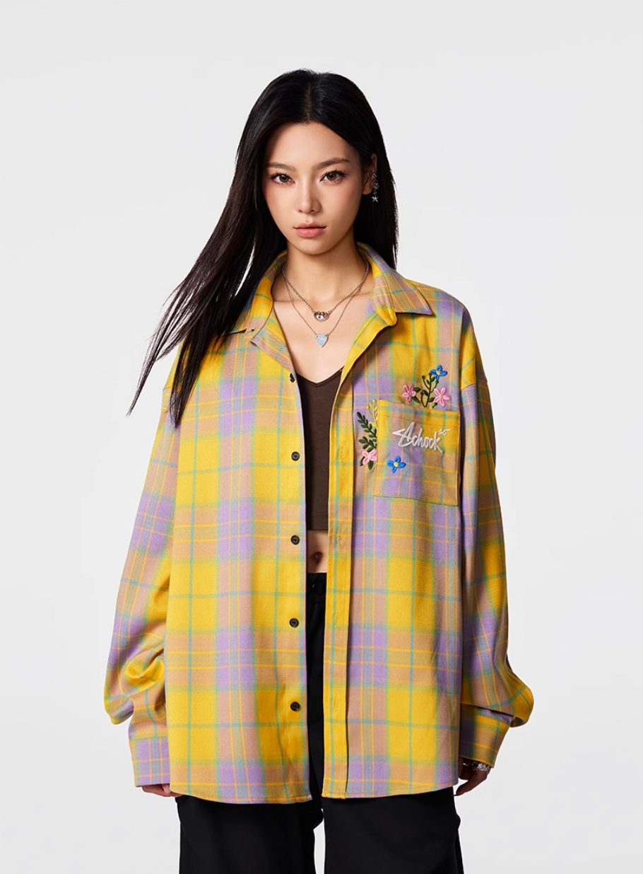 Achock Flower Embroidery Plaid Long Sleeved Shirt | Face 3 Face