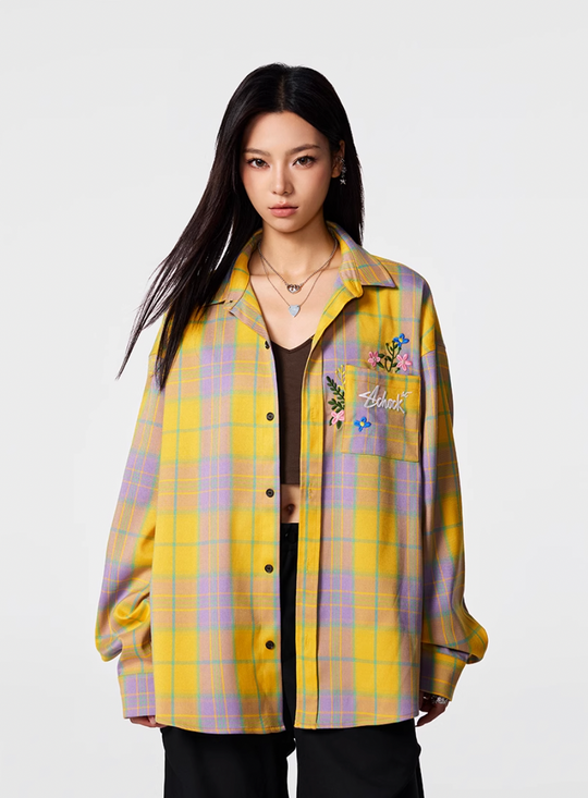 Achock Flower Embroidery Plaid Long Sleeved Shirt | Face 3 Face