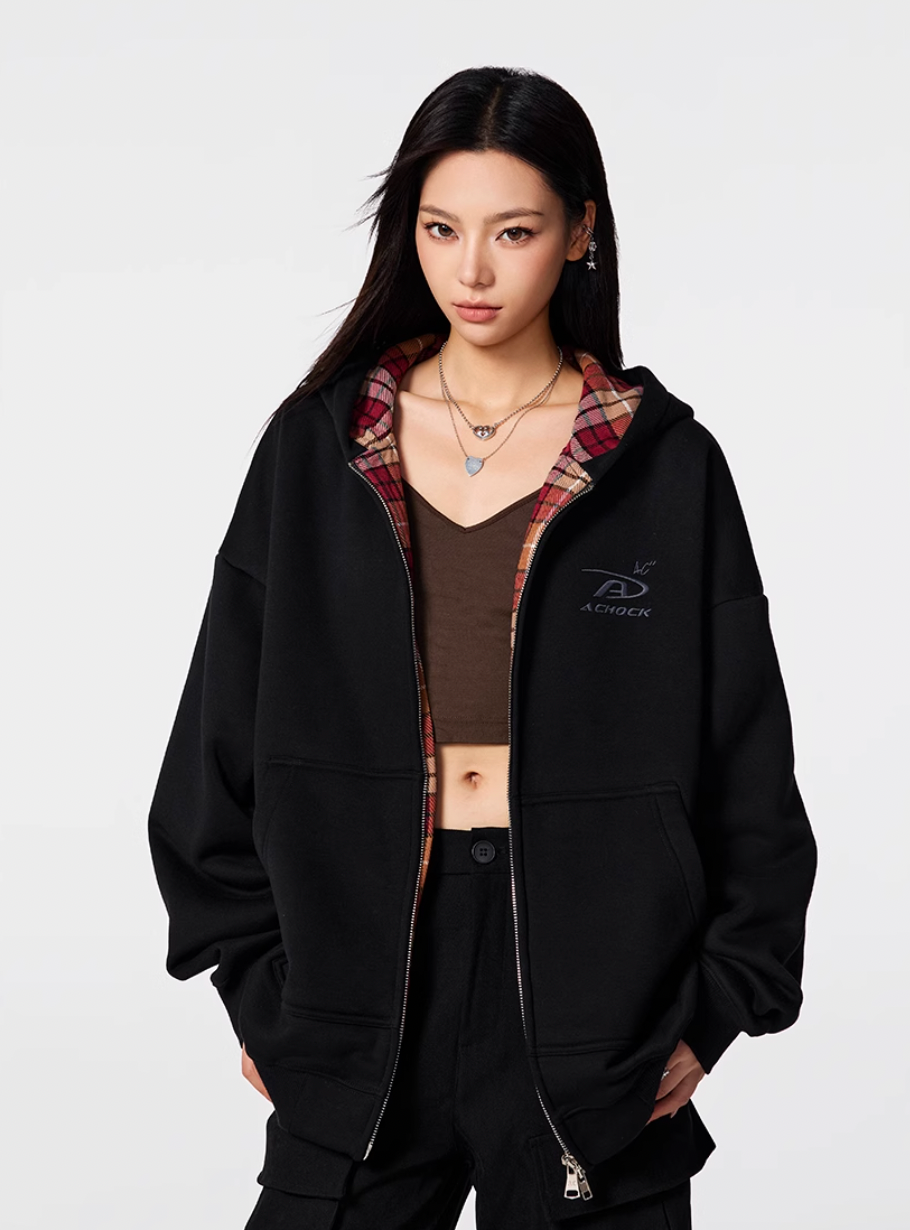 Achock Logo Embroidery Plaid Lining Zip Up Hoodie | Face 3 Face