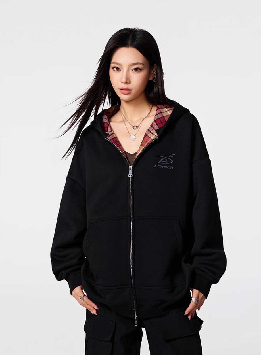 Achock Logo Embroidery Plaid Lining Zip Up Hoodie | Face 3 Face