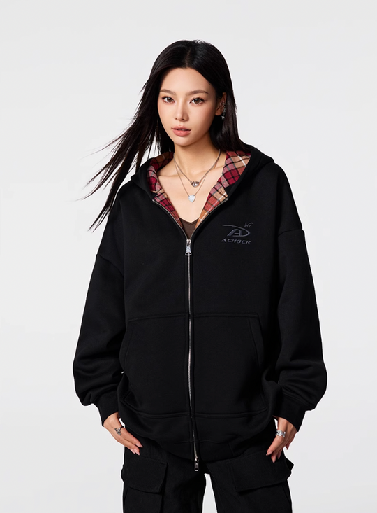 Achock Logo Embroidery Plaid Lining Zip Up Hoodie | Face 3 Face