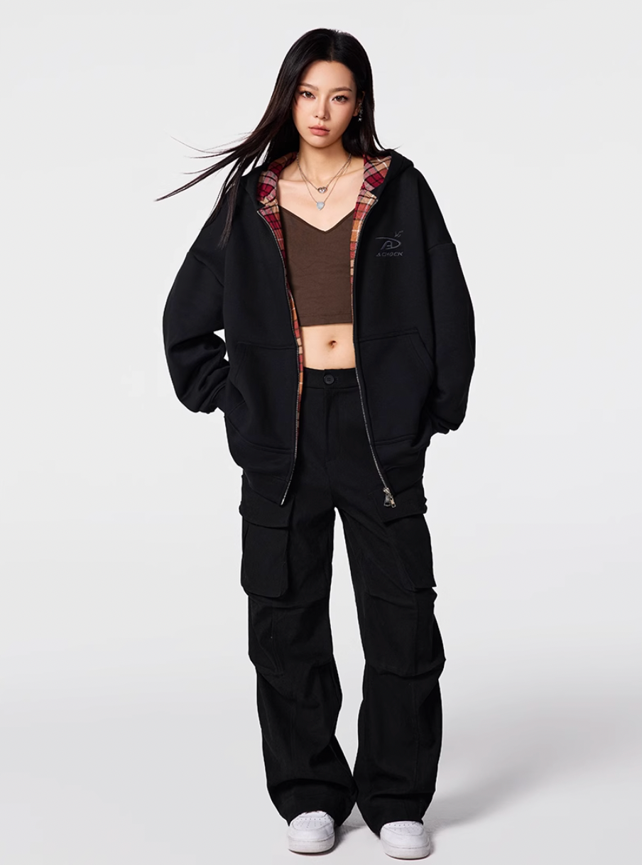 Achock Logo Embroidery Plaid Lining Zip Up Hoodie | Face 3 Face