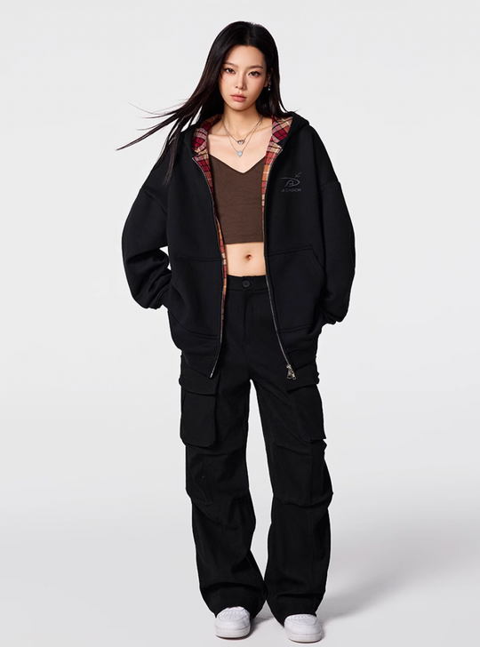 Achock Logo Embroidery Plaid Lining Zip Up Hoodie | Face 3 Face