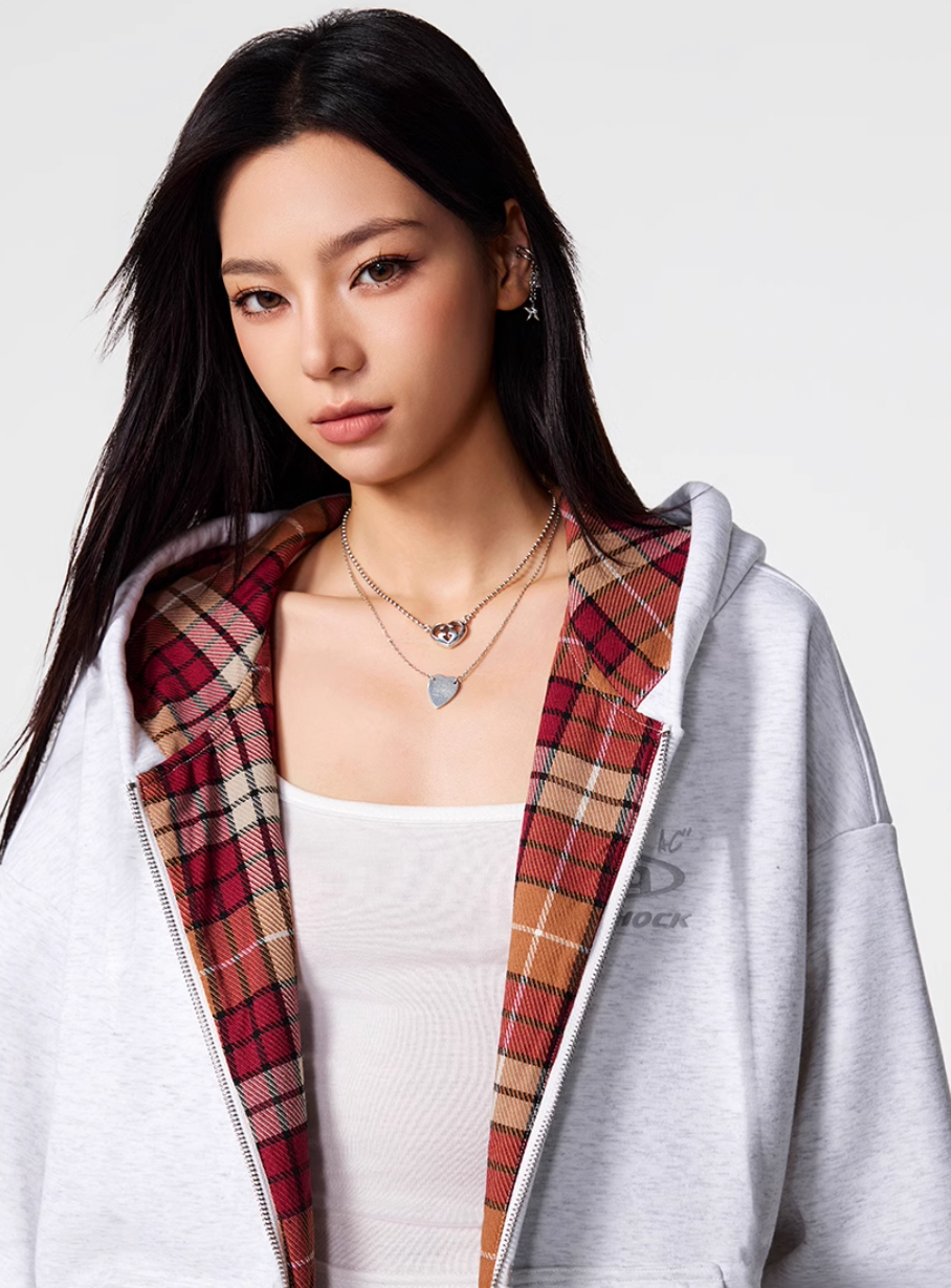 Achock Logo Embroidery Plaid Lining Zip Up Hoodie | Face 3 Face