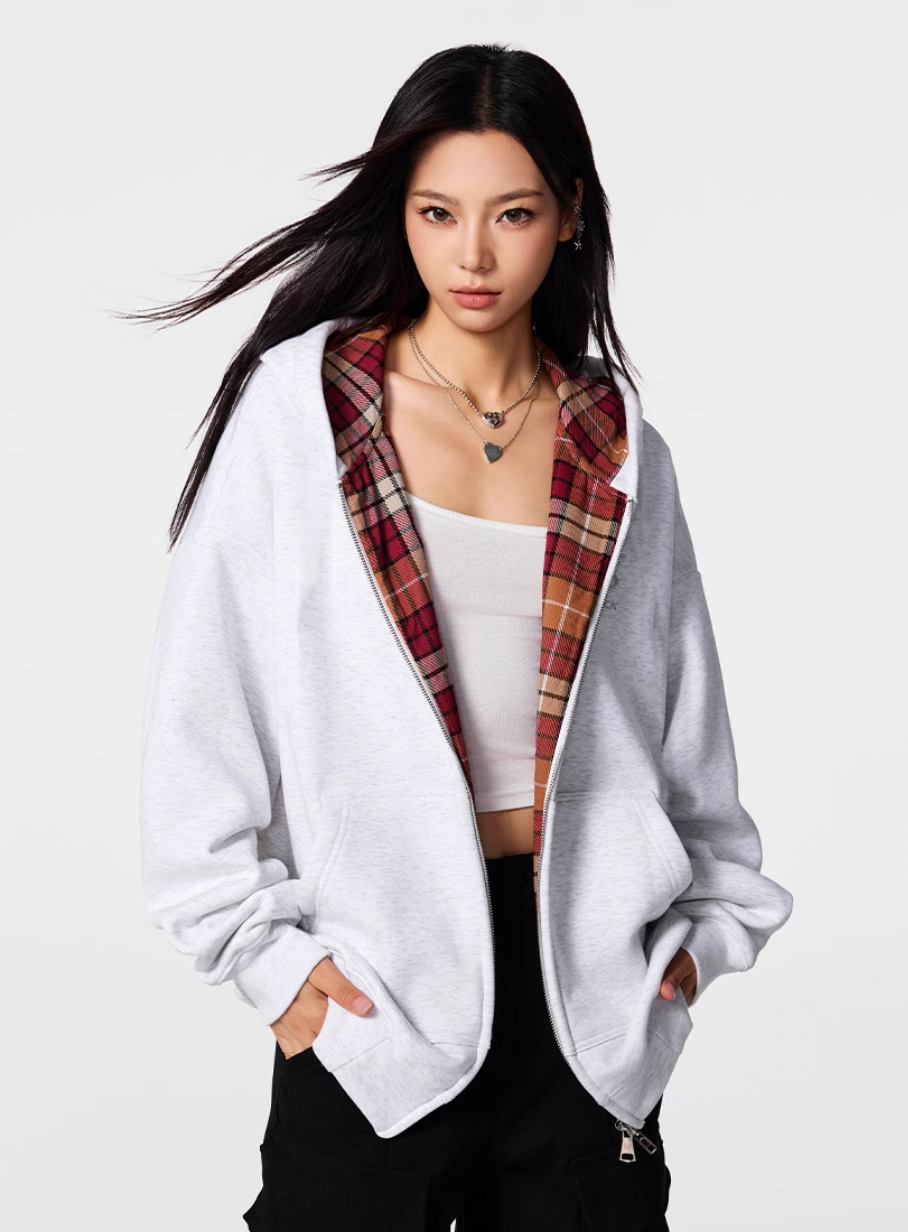 Achock Logo Embroidery Plaid Lining Zip Up Hoodie | Face 3 Face