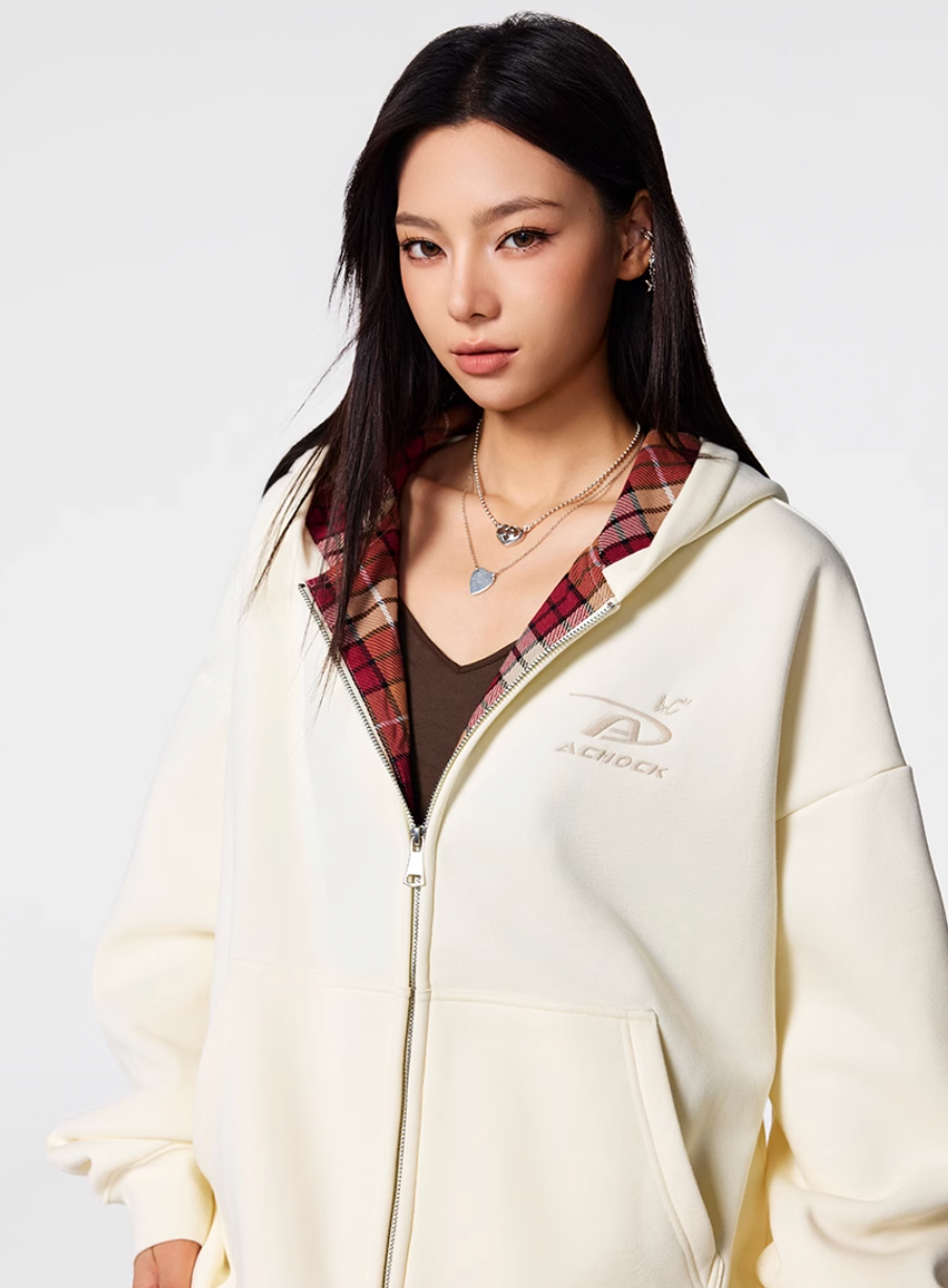 Achock Logo Embroidery Plaid Lining Zip Up Hoodie | Face 3 Face