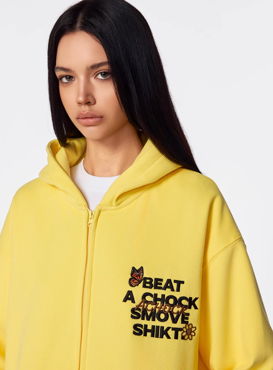 Achock Floral Patch Embroidered Zip Up Hoodie | Face 3 Face